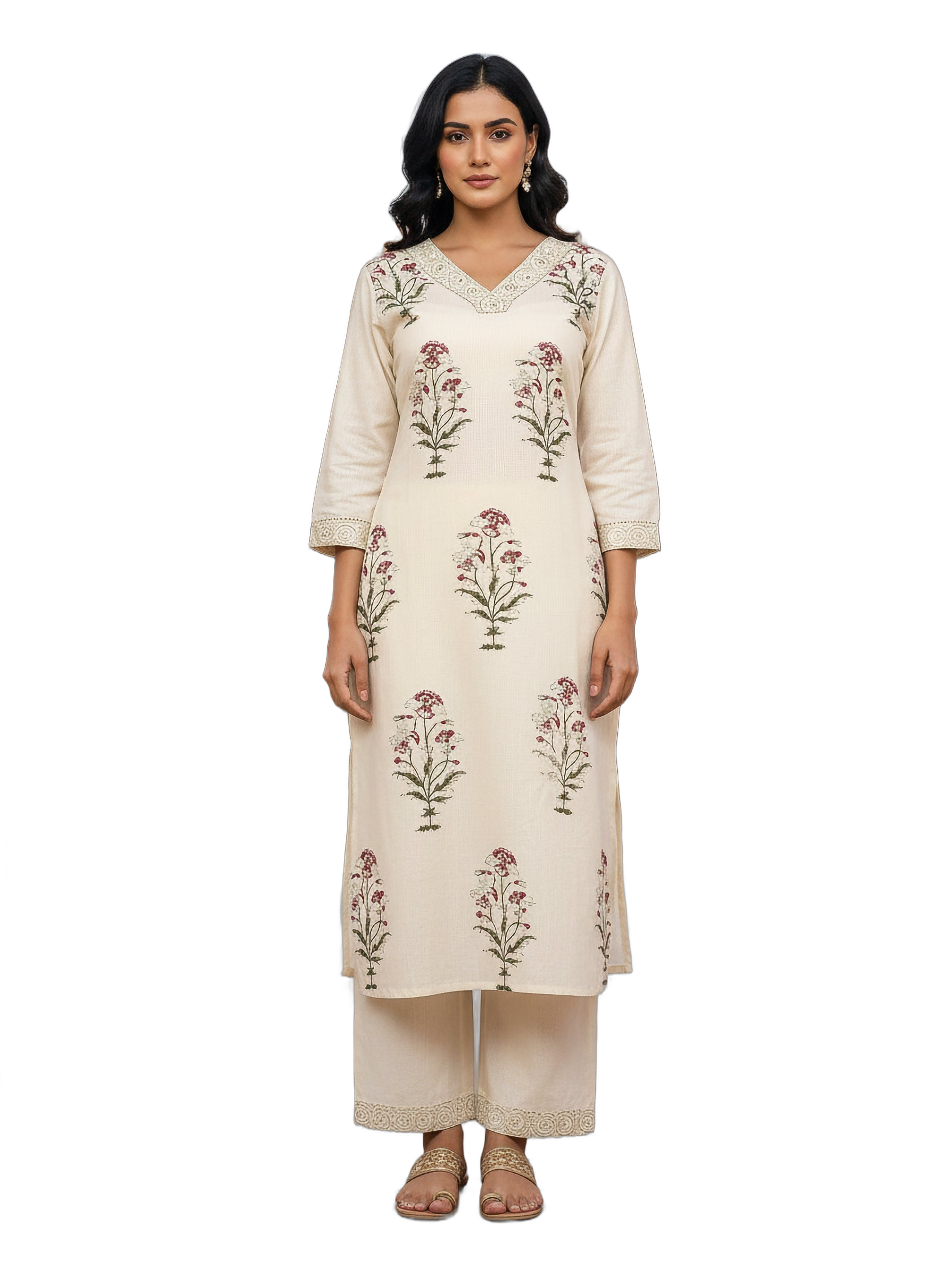JISORA — Graceful Ivory Floral Printed Kurta Set with Lace Border Detailing