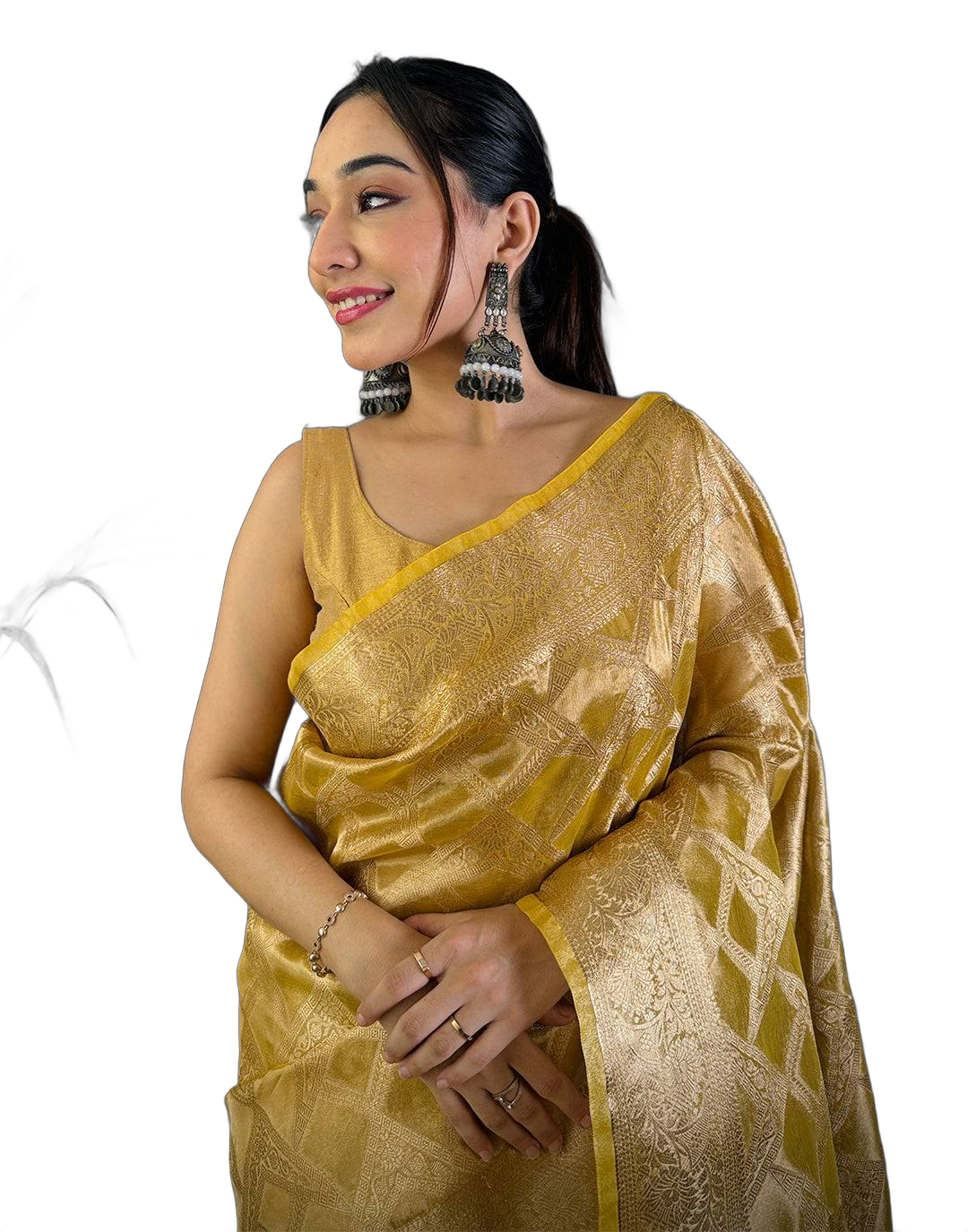 Vastranand — Yellow Tissue Jarokha Zari Weaving Saree