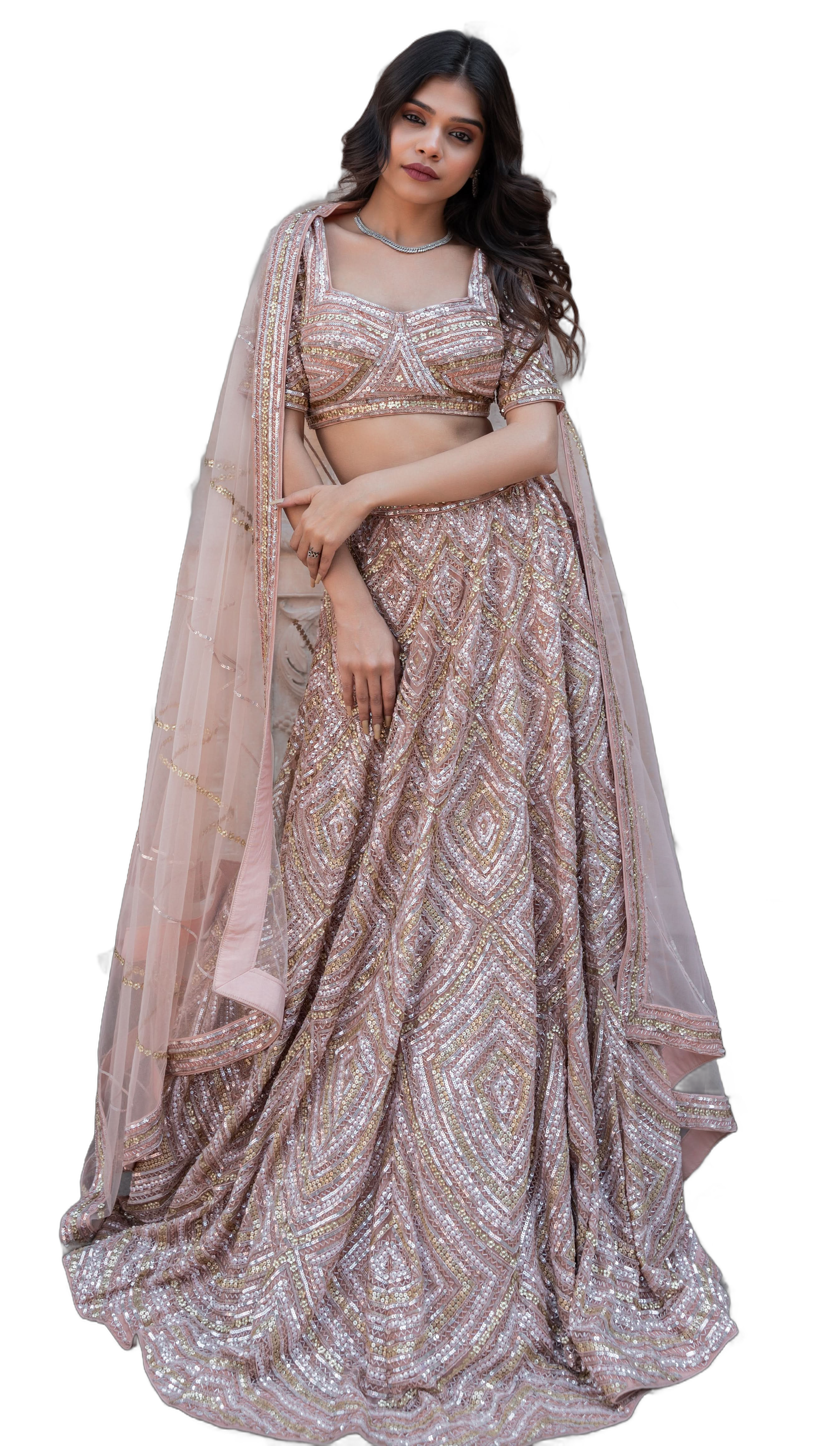 Shobitam — Exquisite Pastel Pink Lehenga with hand-embroidery in Net, Customizable, Made to Order